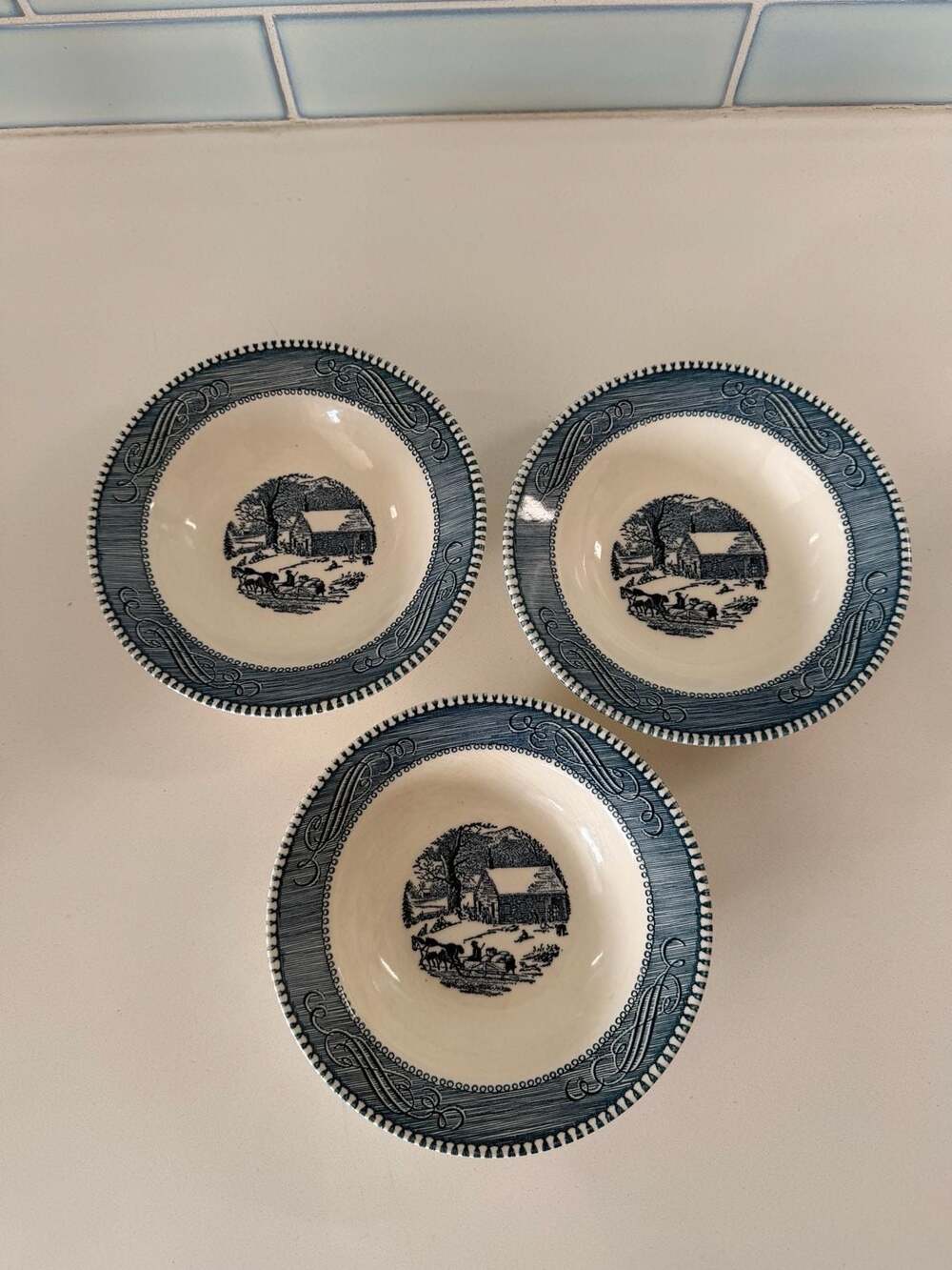 Set of 3 Vintage Currier & Ives Blue Maple Sugaring Berry Bowls USA